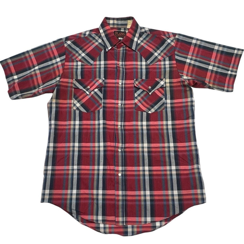 Vtg Plains Western Wear Shirt Men's Medium Plaid Pearl Snap Short Sleeve